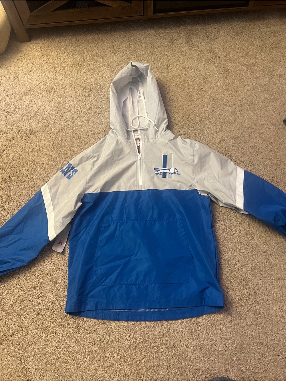Detroit Lions Mitchell & Ness Gray and Royal Blue Hooded Rain Anorak Jacket